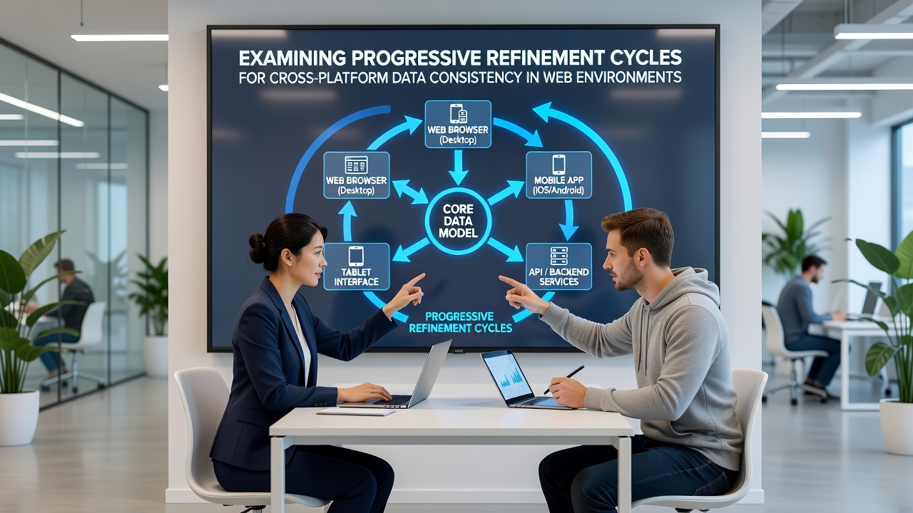 Illustration of data consistency checkpoints during progressive refinement across multiple web platforms