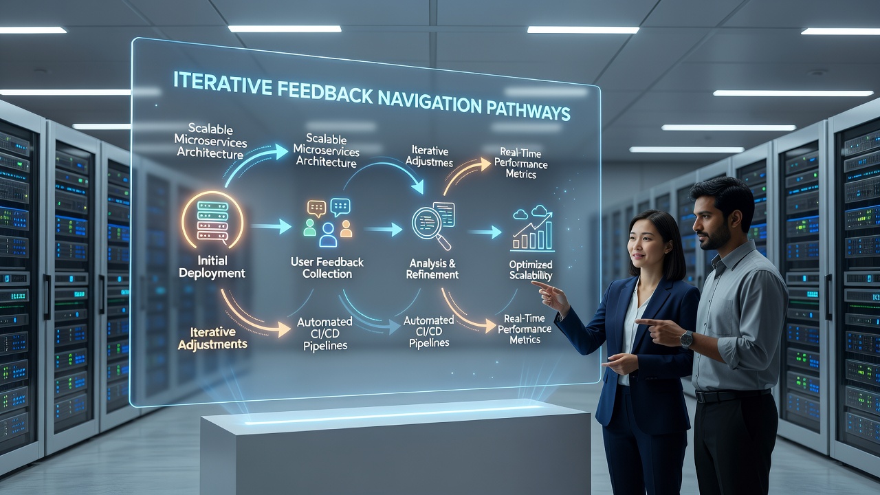 Team reviewing infrastructure metrics on multiple screens during a scaling review session
